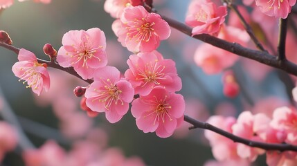 A close-up shot of delicate pink cherry blossoms in full bloom, with soft sunlight illuminating the branches and petals.