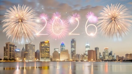 New Year 2026 fireworks over a modern city skyline