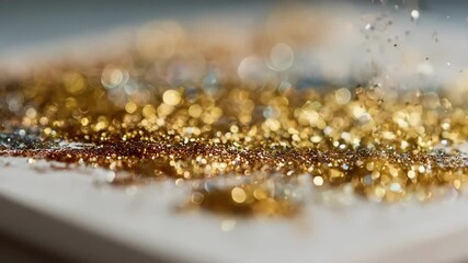 Closeup medium shot of glitter embellishments being sprinkled onto a greeting card capturing sparkling textures and intricate decorative details.