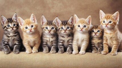 Seven adorable kittens of various colors and patterns sit together on a burlap fabric, looking directly at the camera with curious expressions.