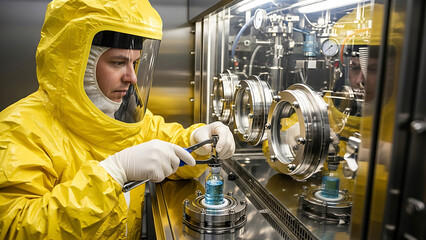 Lab worker in hazmat clothing sealing vial inside containment chamber, stainless steel lab interior, photorealistic lighting reflections