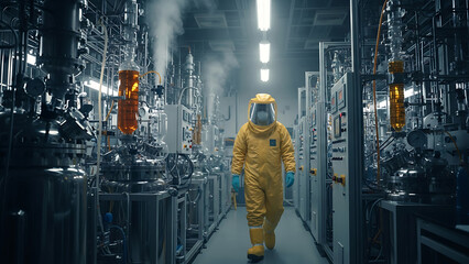 Hazmat-clad researcher walking between rows of advanced chemical processing units, industrial laboratory environment