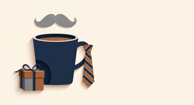 Fathers Day Coffee Mug with Tie and Mustache Gift Concept.