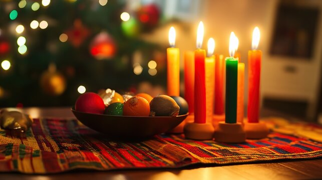 Five candles of various colors illuminate a wooden table adorned with colorful ornaments and a patterned cloth, creating a warm and festive atmosphere.