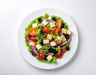 Colorful salad lettuce, tomatoes, onions, cheese cubes