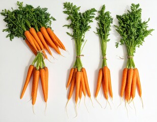 Carrot bunches bundled with twine, bright, atop white