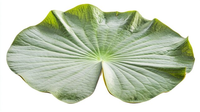 A single, vibrant lotus leaf rests on a white background, showcasing its intricate veins and delicate texture.