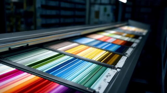 Medium shot capturing a color proofing booth under LED lighting highlighting the vividness and clarity of color swatches in a controlled energyefficient environment.
