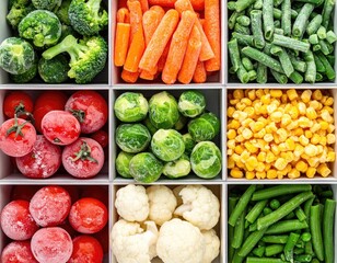 Assorted frozen vegetables in grid, ready to cook
