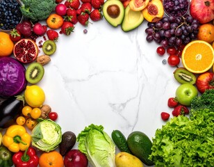 Colorful fresh produce border on white marble background
