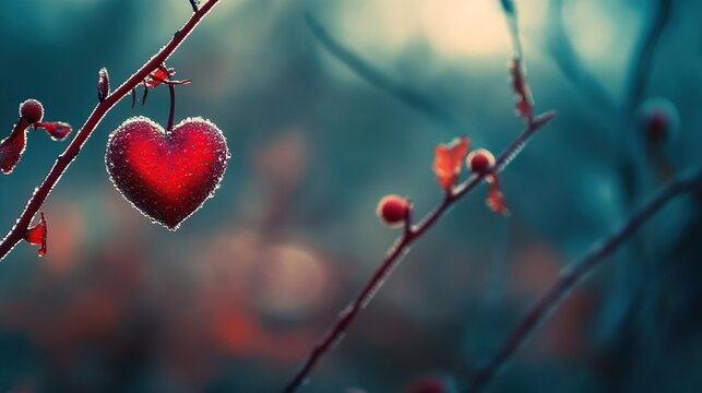 A frozen heart hangs delicately from a bare winter branch, surrounded by a soft, blurred background of muted blues and reds.