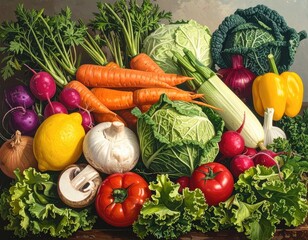 Colorful, assorted vegetables. Plentiful, earthy tones