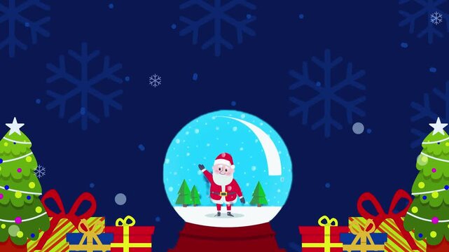 Pap&aacute; Noel dentro de una bola de nieve saludando en un fondo navide&ntilde;o