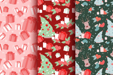 Christmas vector seamless patterns set. Bright simple style New Year's prints. Holiday fabric collection. Cute cartoon elements textile, cloth swatch. Many flat funny icons. Gift wrapping paper design