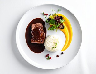 Gourmet meat plate sauce, rice, puree, greens, berries