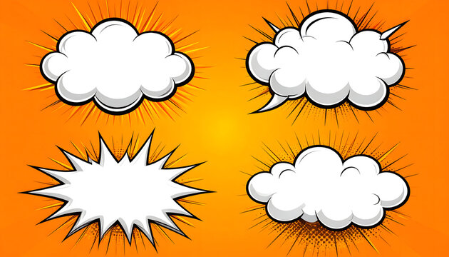 A vibrant collection of pop art comic book speech bubbles, thought clouds, and explosion shapes set against a dynamic orange sunburst background for expressing dialogue and ideas