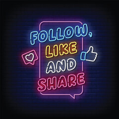 follow like and share neon signboard with brick wall background vector