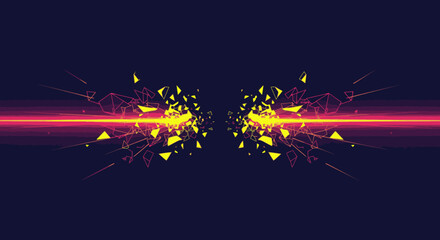 A vibrant red light beam emanates from the center, creating an energetic explosion of abstract yellow geometric fragments on a dark background.