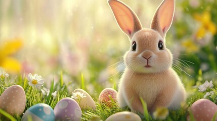 A cute, light brown bunny sits amongst a field of wildflowers with colorful Easter eggs scattered around it, creating a whimsical springtime scene.