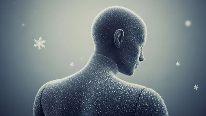 3D scene of “cold shoulder” symbolized by a frosted mannequin turning away, snowflakes drifting through the air