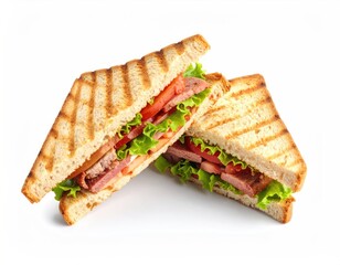Toasted sandwich with meat, tomato, lettuce, isolated