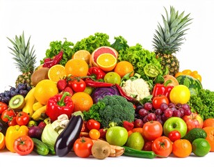 Lush pile fruits, veggies, vibrant colors on white