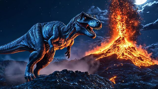 Giant predator dinosaur roars against an erupting volcano surrounded by fire and smoke, symbolizing primal power and prehistoric world. Massive tyrannosaurus representing danger and nature dominance.