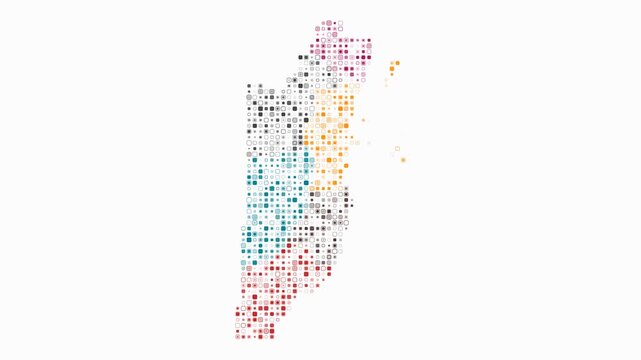 Belize map animation. Shape of the country with pulsating colored dots. Small size rounded square blocks. Digital style Belize map on white background. Amazing video.