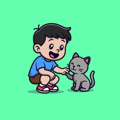 Cute Little Boy Play with Kitten Illustration. Vector Boy and Kitten.
