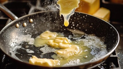 Golden butter is poured into a hot skillet with scrambled eggs, creating a dramatic splash of melted dairy.