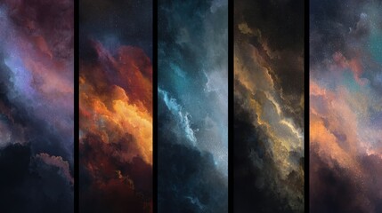 Collection of five vertical panels showing vibrant, colorful cosmic nebulae and starry skies.