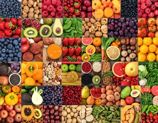 Food collage of fruits, veggies, nuts, seeds, and grains