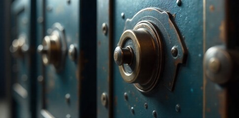 A solitary, intricate vintage safe with metallic sheen, symbolizing secure wealth and investment. A detailed, macro shot of an antique, heavy duty metal safe. Focus on the intricate locking mechanism