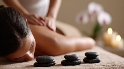 Woman receiving a relaxing hot stone massage in a serene spa environment, with soft lighting, candles, and soothing decor, promoting wellness and self-care