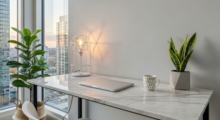 Inspiring workspace with marble desk, laptop, plants, and city view for your creative project or modern office design showcasing focus and sophistication