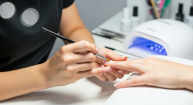 Woman receiving manicure treatment in a modern salon, with nail polish bottles and UV lamp in the background, showcasing beauty and self-care experience - Powered by Adobe