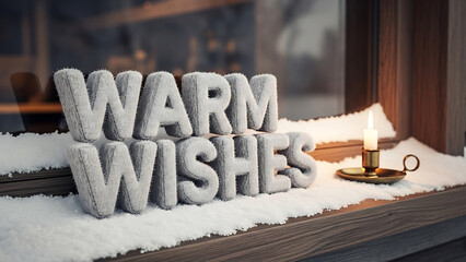 3D typography “Warm Wishes” made of soft fleece texture, resting on snow-covered window ledge with glowing candle nearby