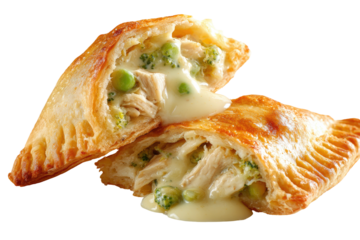Golden, flaky pastry pocket cut open revealing creamy chicken & veggie filling