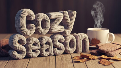 3D typography “Cozy Season” formed from thick winter sweater fabric, placed beside steaming mug and knitted gloves