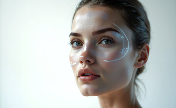 Close-up portrait of a woman with glowing skin and digital interface graphics on her face, futuristic skincare concept.