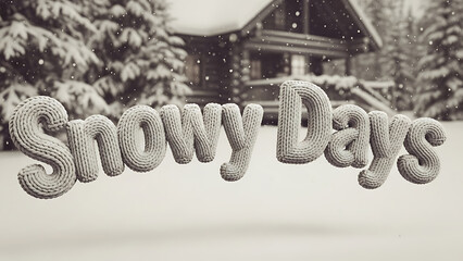 3D “Snowy Days” lettering created from cable-knit yarn texture, placed in front of snowy cabin background