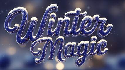 3D photorealistic typography “Winter Magic” made of velvet-textured letters, surrounded by glowing fairy lights and snow dust