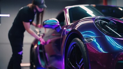 Medium shot of a technician applying reflective dyes to a metallic surface enhancing visibility with a smooth glossy finish that catches and bounces light effectively.