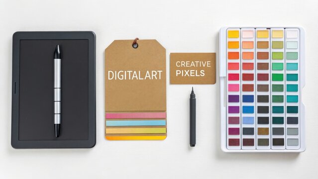 Digital Art flat lay with tablet pen and color palette - Powered by Adobe