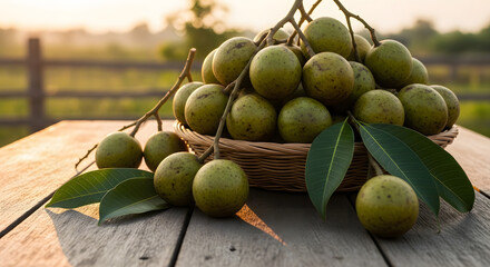 Basket of fresh green olives on a rustic wooden table at sunset.
