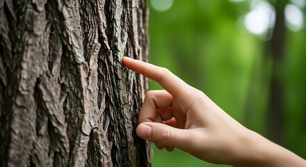 A person touches the bark of a tree in a forest environment