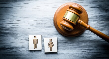 Divorce concept with gavel and wooden figures on a rustic wooden table