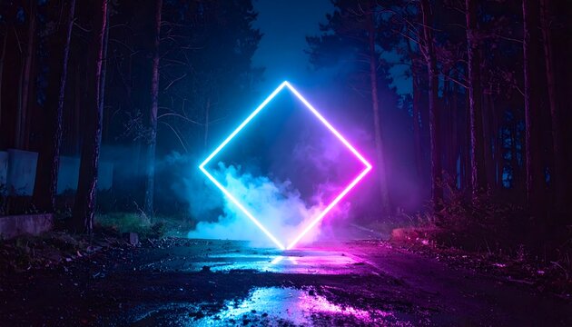 A neon rhombus floats in a misty forest at night, illuminating the damp ground with vibrant purple and blue light