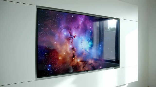 High definition flatscreen television mounted on wall displays stunning 4K UHD image of galaxy, representing convergence of technology and exploration, sparking ideas about innovation, discovery.