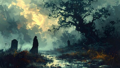A solitary cloaked figure stands amidst an ancient, gnarled forest and somber gravestones, illuminated by a dramatic, ethereal sky, evoking a sense of mystery and introspection